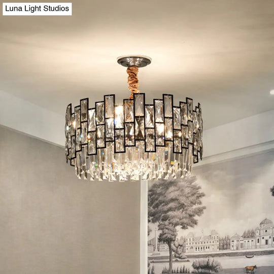 Contemporary Black 9-Head Suspension Chandelier With Clear Crystal Prism