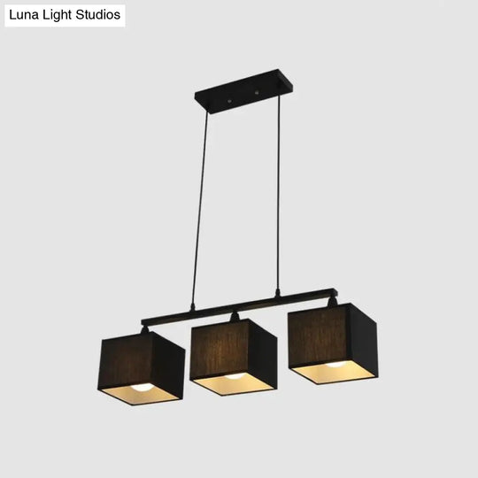 Contemporary Black Cubic Island Chandelier - 3 Head Fabric Hanging Light Kit