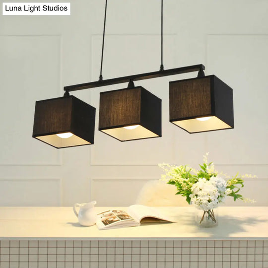 Contemporary Black Cubic Island Chandelier - 3 Head Fabric Hanging Light Kit