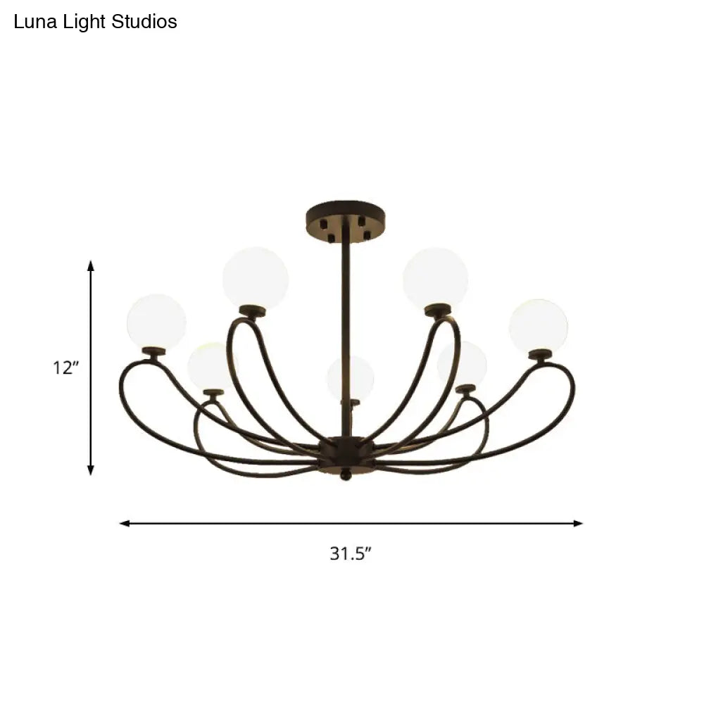 Contemporary Black Curved Arm Chandelier With Orbit Shade - 8 Light Metal Pendant