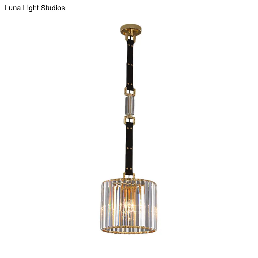 Contemporary Led Ceiling Pendant Light With Black Cylinder Shade & Clear Crystal 8/12 Wide