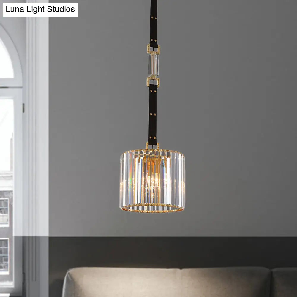 Contemporary Led Ceiling Pendant Light With Black Cylinder Shade & Clear Crystal 8/12 Wide