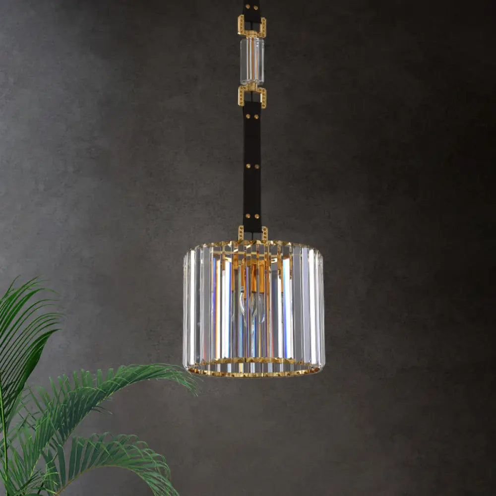 Contemporary Black Cylinder Led Pendant Light With Clear Crystal Shade - 8’/12’ Wide / 12’
