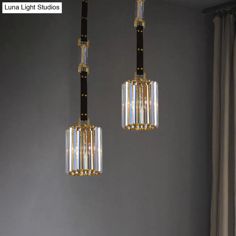 Contemporary Black Cylinder Led Pendant Light With Clear Crystal Shade - 8’/12’ Wide