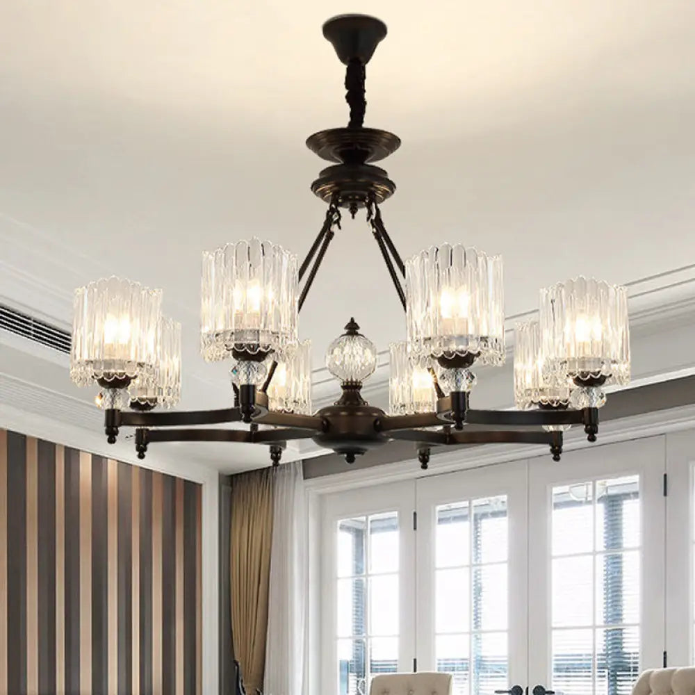 Contemporary Black Cylinder Suspension Lighting With Crystal Rods - 6/8/10 Heads Hanging Lamp Kit