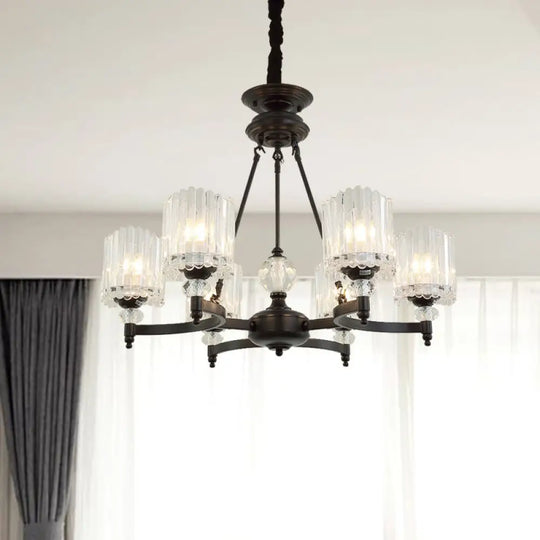 Contemporary Black Cylinder Suspension Lighting With Crystal Rods - 6/8/10 Heads Hanging Lamp Kit