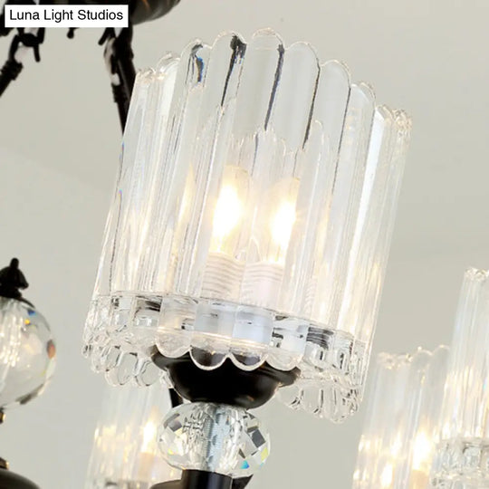 Contemporary Black Cylinder Suspension Lighting With Crystal Rods - 6/8/10 Heads Hanging Lamp Kit