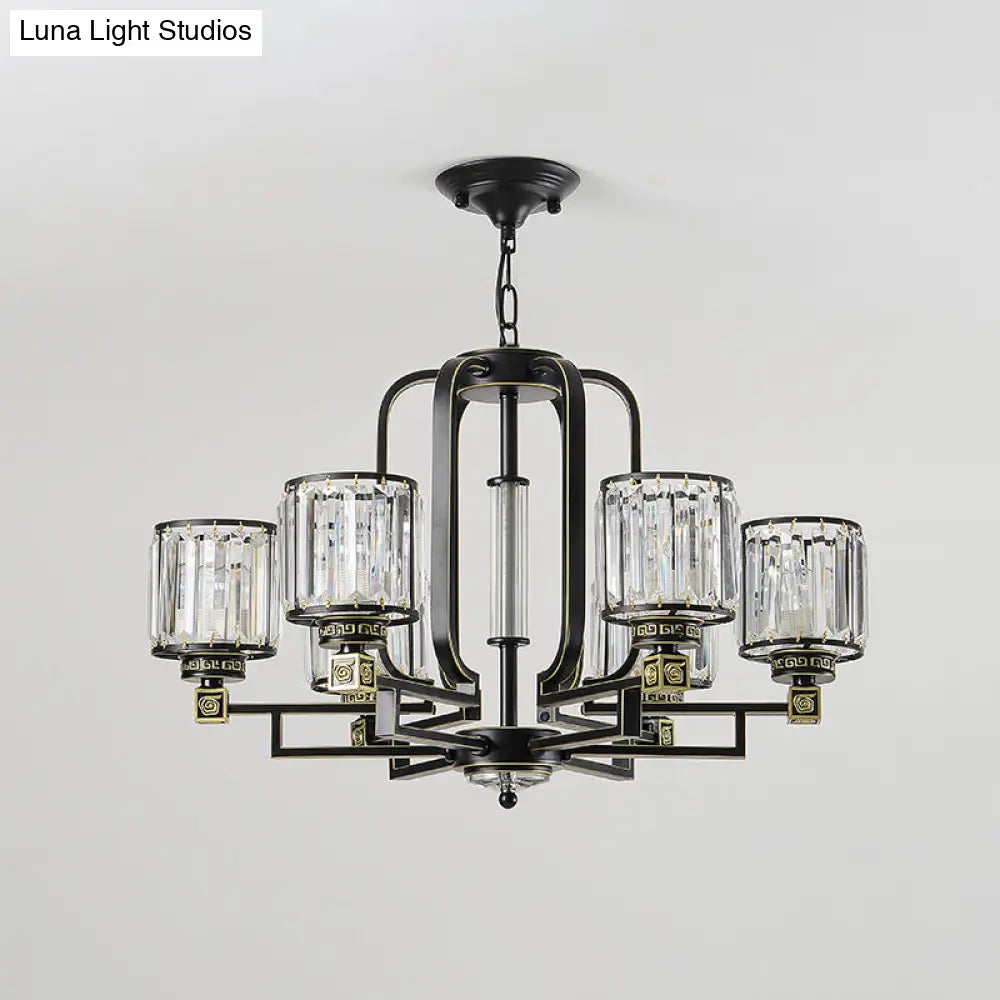 Contemporary Black Cylindrical Crystal Chandelier - 6/8-Light Ceiling Pendant Lamp For Living Room