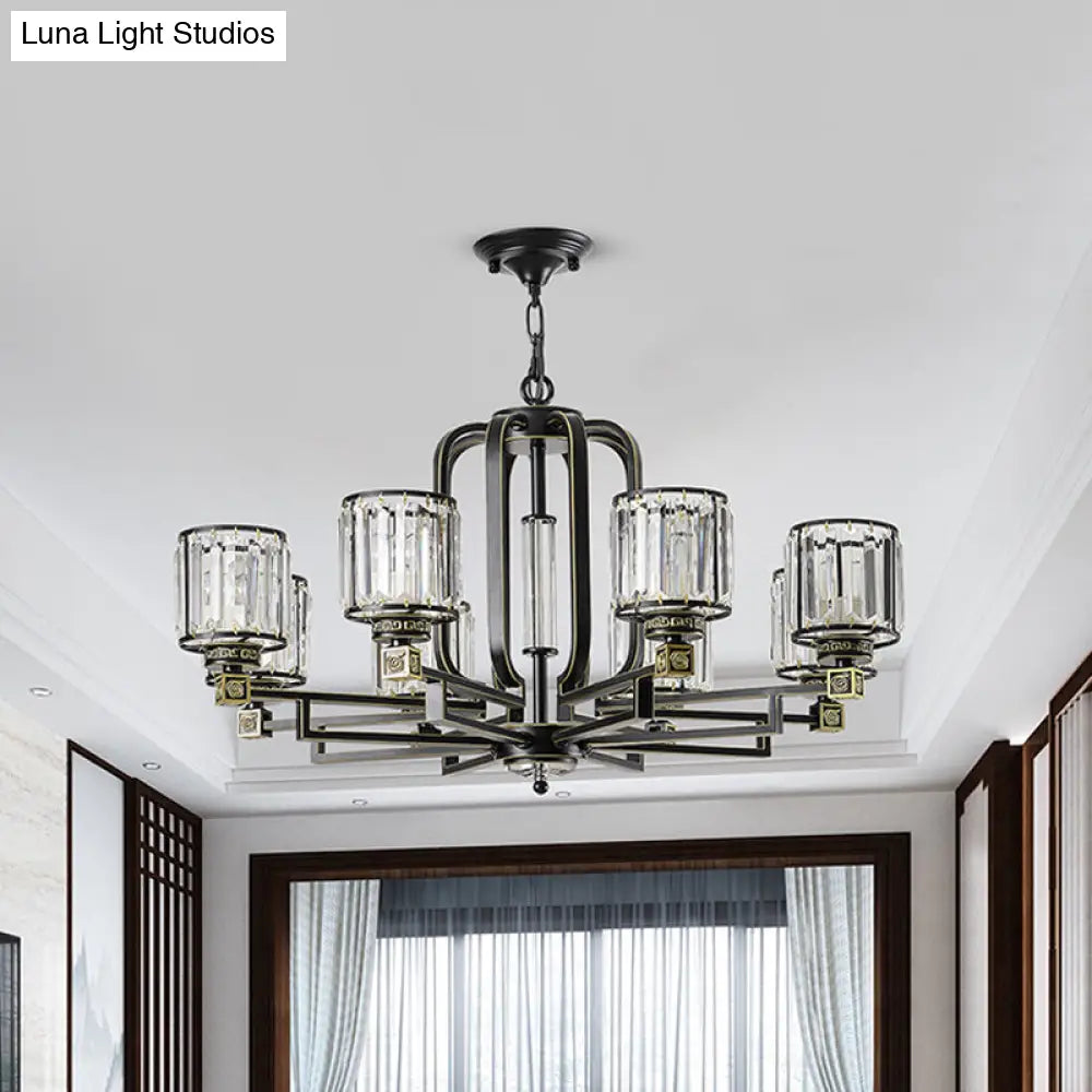 Contemporary Black Cylindrical Crystal Chandelier - 6/8-Light Ceiling Pendant Lamp For Living Room