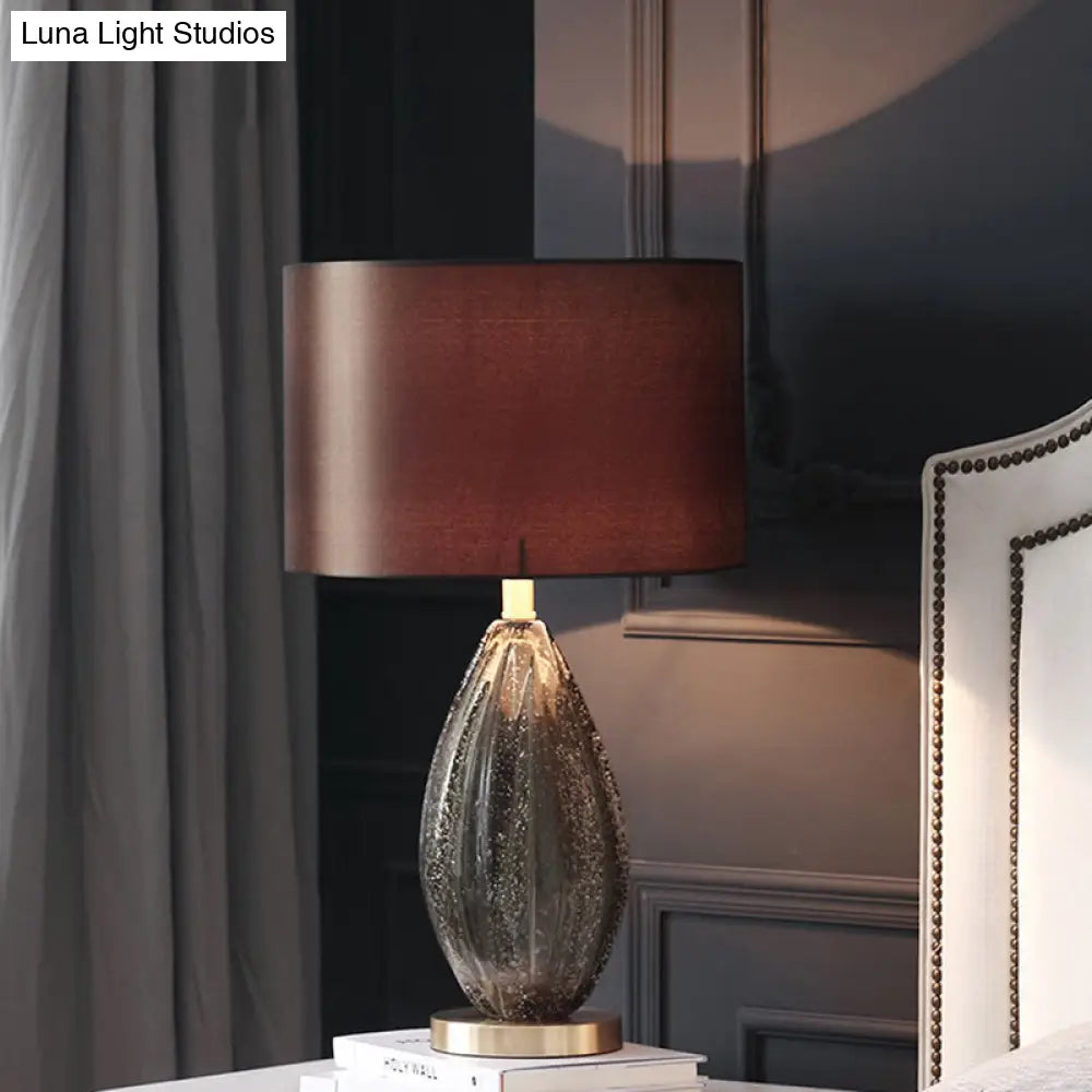 Contemporary Black Desk Lamp With Teardrop Crystal 1-Head & Red Brown Fabric Shade