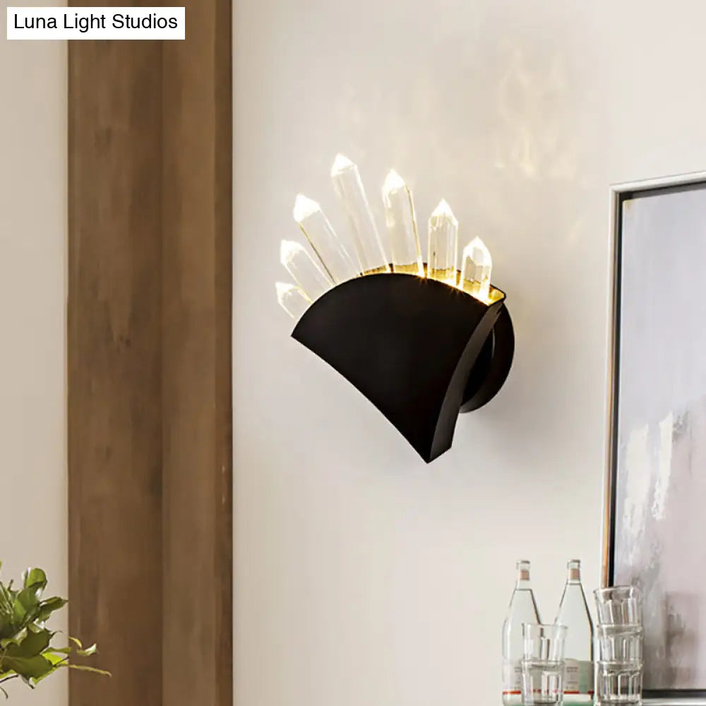 Contemporary Black Fan Wall Light Fixture - Metal Sconce With Clear Crystal Prism 1/2-Light