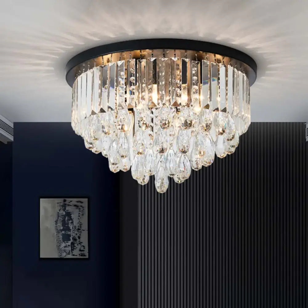Contemporary Black Flush Mount Ceiling Light With Crystal Cone/Cylinder Design - 4 Lights / Cone