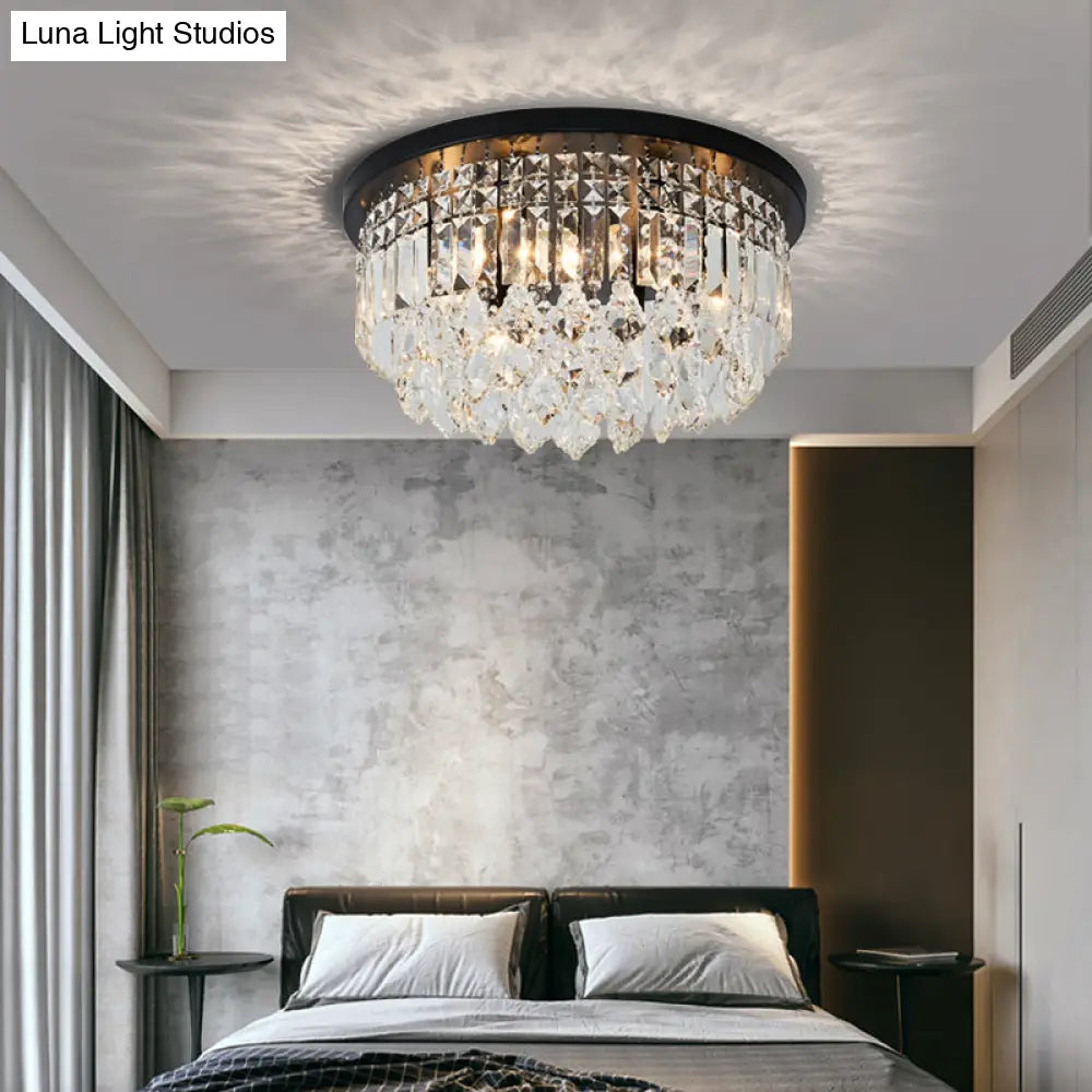 Contemporary Black Flush Mount Ceiling Light With Crystal Cone/Cylinder Design - 4 Lights