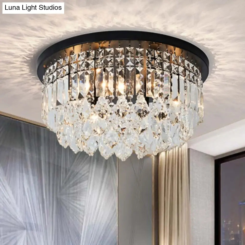 Contemporary Black Flush Mount Ceiling Light With Crystal Cone/Cylinder Design - 4 Lights / Cylinder