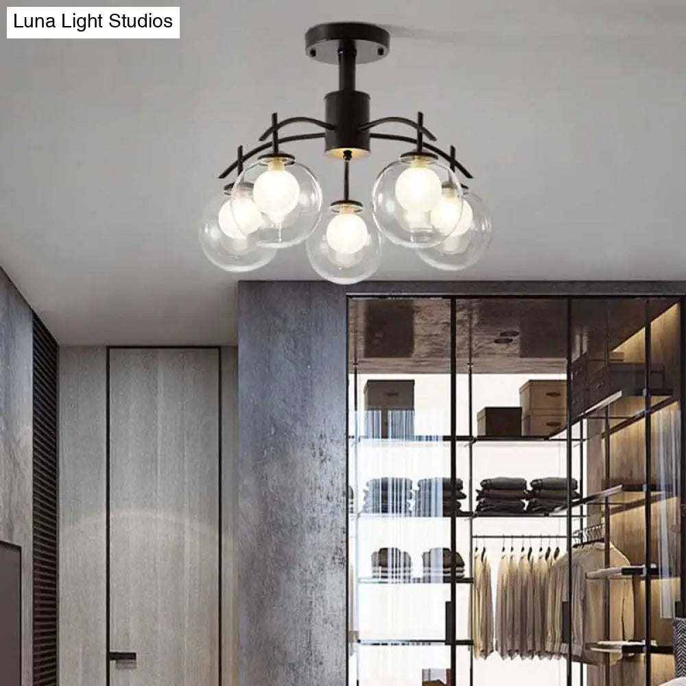 Contemporary Black Glass Ball Semi Flush Light - 3/5/6-Light Living Room Ceiling Chandelier 5 /