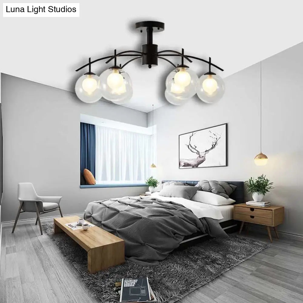 Contemporary Black Glass Ball Semi Flush Light - 3/5/6-Light Living Room Ceiling Chandelier