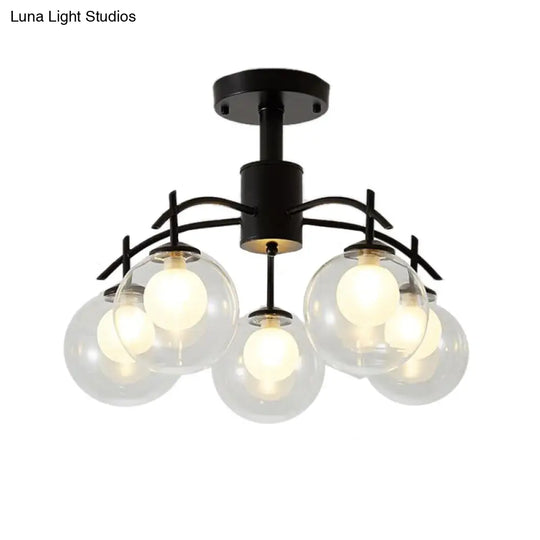 Contemporary Black Glass Ball Semi Flush Light - 3/5/6-Light Living Room Ceiling Chandelier