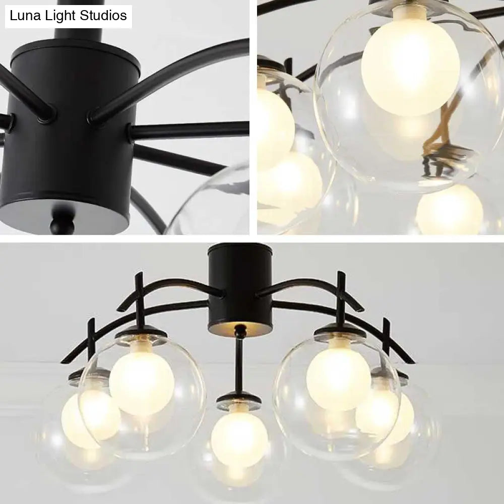 Contemporary Black Glass Ball Semi Flush Light - 3/5/6-Light Living Room Ceiling Chandelier