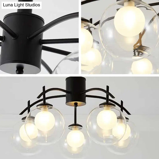 Contemporary Black Glass Ball Semi Flush Light - 3/5/6-Light Living Room Ceiling Chandelier