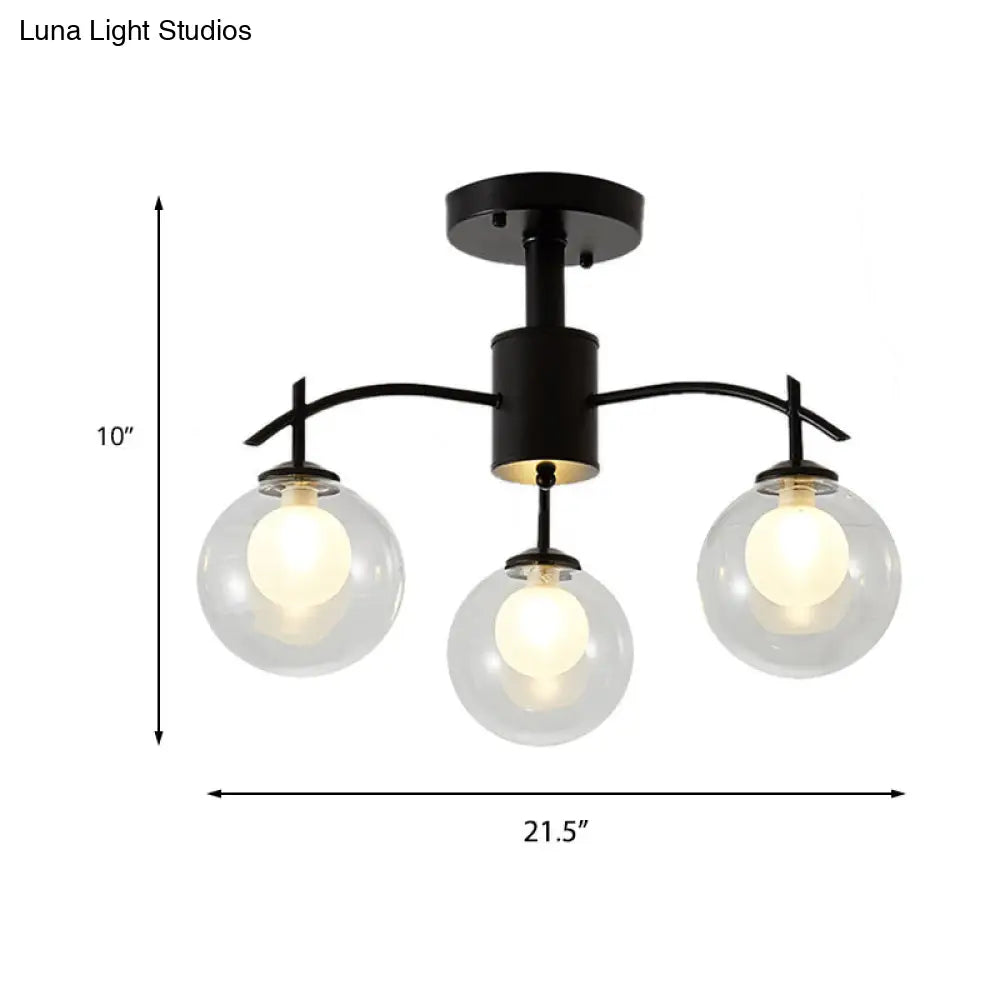 Contemporary Black Glass Ball Semi Flush Light - 3/5/6-Light Living Room Ceiling Chandelier