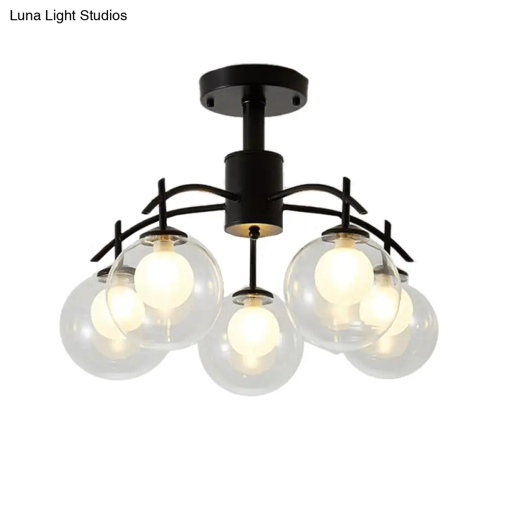 Contemporary Black Glass Ball Semi Flush Light - 3/5/6-Light Living Room Ceiling Chandelier