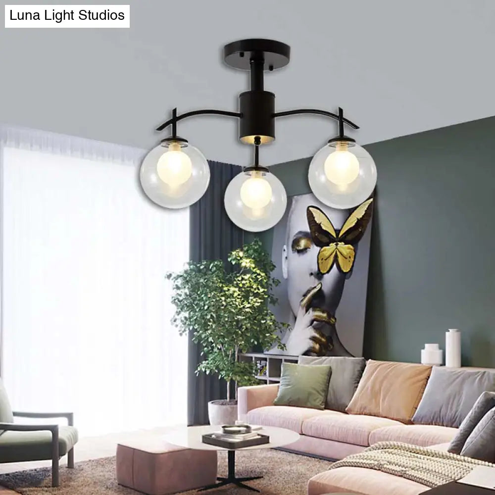 Contemporary Black Glass Ball Semi Flush Light - 3/5/6-Light Living Room Ceiling Chandelier