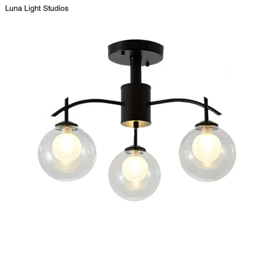 Contemporary Black Glass Ball Semi Flush Light - 3/5/6-Light Living Room Ceiling Chandelier