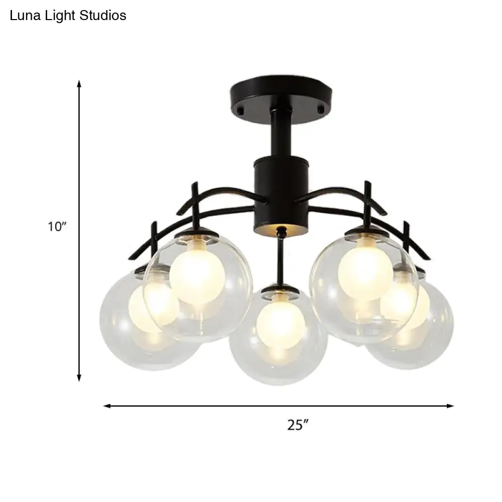 Contemporary Black Glass Ball Semi Flush Light - 3/5/6-Light Living Room Ceiling Chandelier