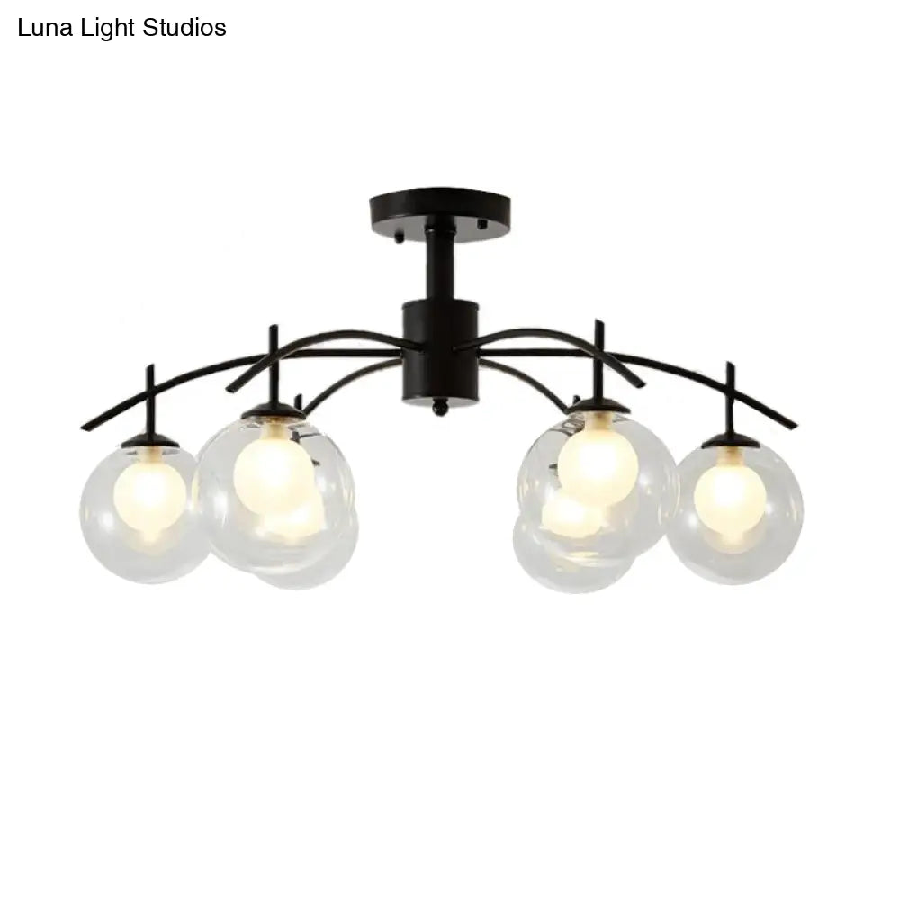 Contemporary Black Glass Ball Semi Flush Light - 3/5/6-Light Living Room Ceiling Chandelier