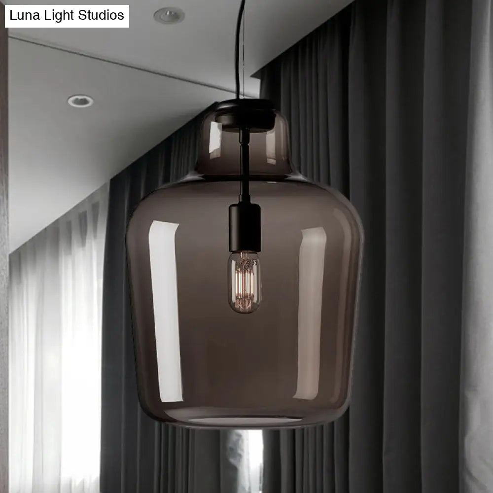 Contemporary Black Glass Jar Pendant Lamp - 1 Head Hanging Ceiling Light For Dining Room