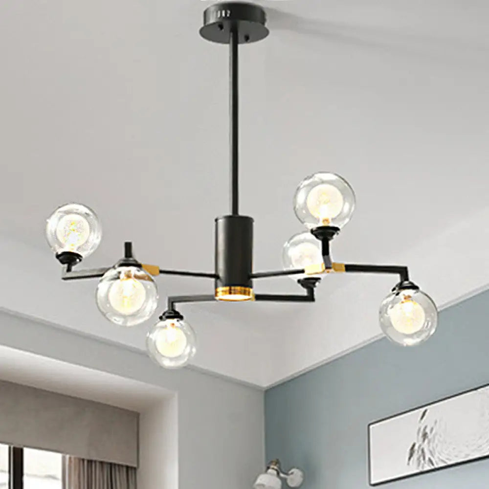 Contemporary Black Glass Sphere Chandelier With Radial Design - Led Hanging Light Kit (6/8/10