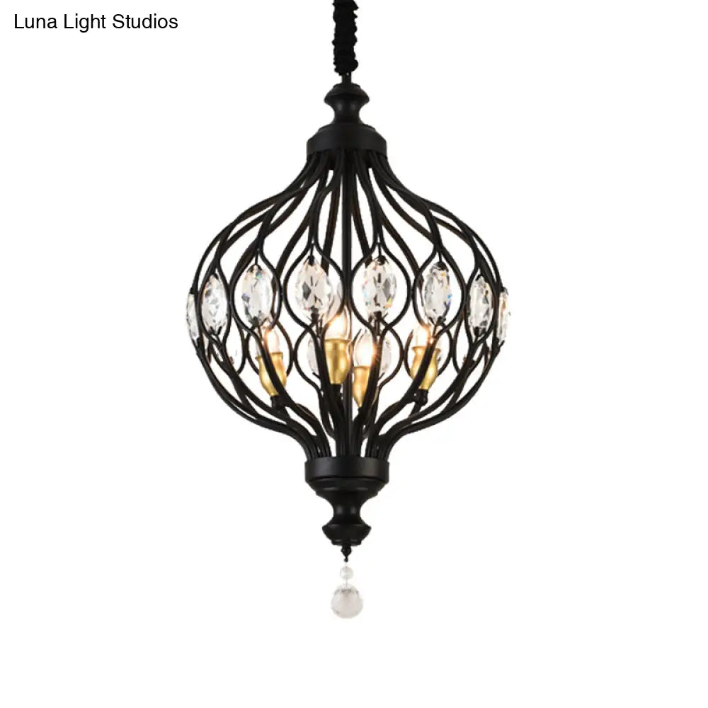 Contemporary Black/Gold Lantern Chandelier With Crystal Encrusted Hanging Lamp Kit - 4/6 Lights