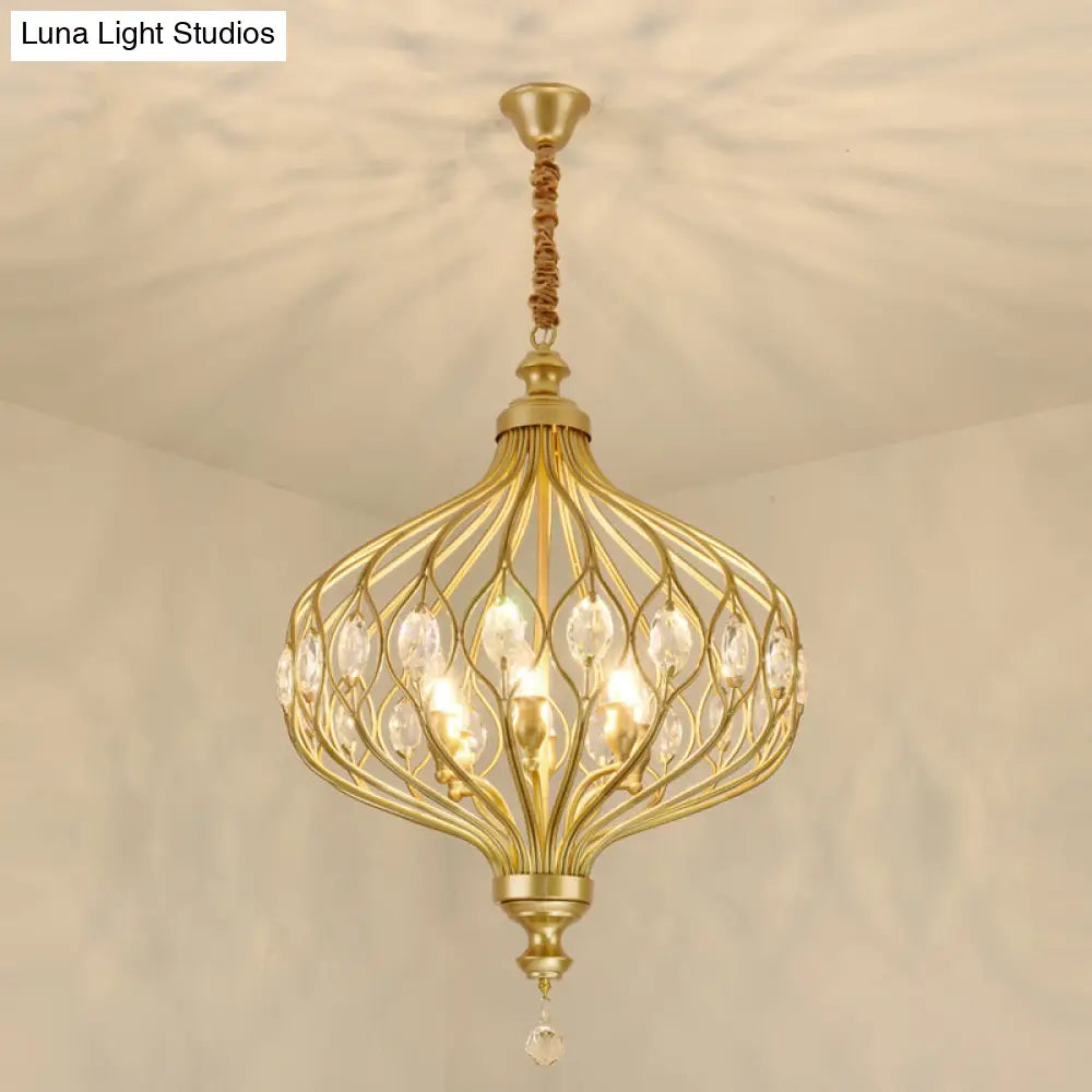 Contemporary Black/Gold Lantern Chandelier With Crystal Encrusted Hanging Lamp Kit - 4/6 Lights