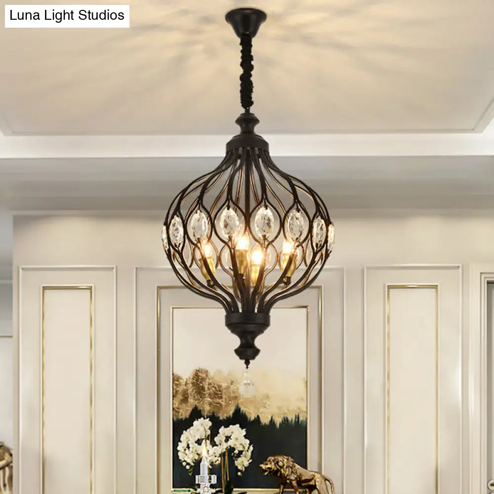 Contemporary Black/Gold Lantern Chandelier With Crystal Encrusted Hanging Lamp Kit - 4/6 Lights