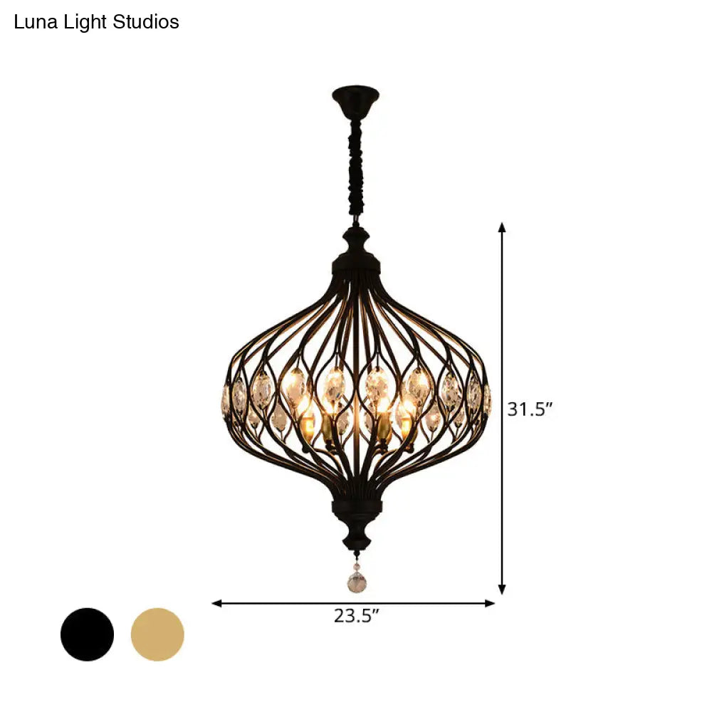 Contemporary Black/Gold Lantern Chandelier With Crystal Encrusted Hanging Lamp Kit - 4/6 Lights