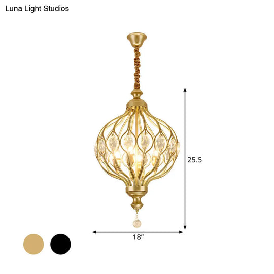 Contemporary Black/Gold Lantern Chandelier With Crystal Encrusted Hanging Lamp Kit - 4/6 Lights