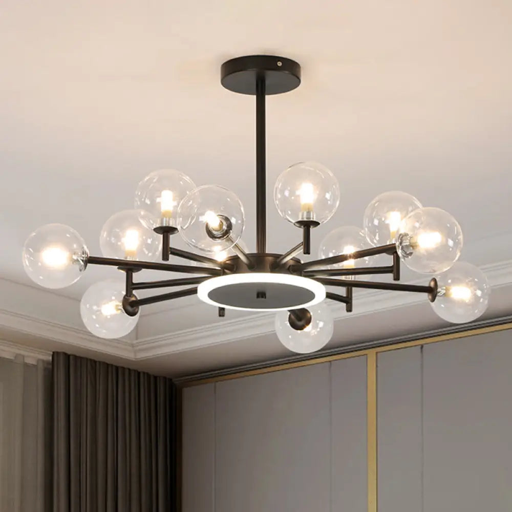 Contemporary Black/Gold Starburst Chandelier - Opal Frosted/Clear Glass Suspension Lighting For