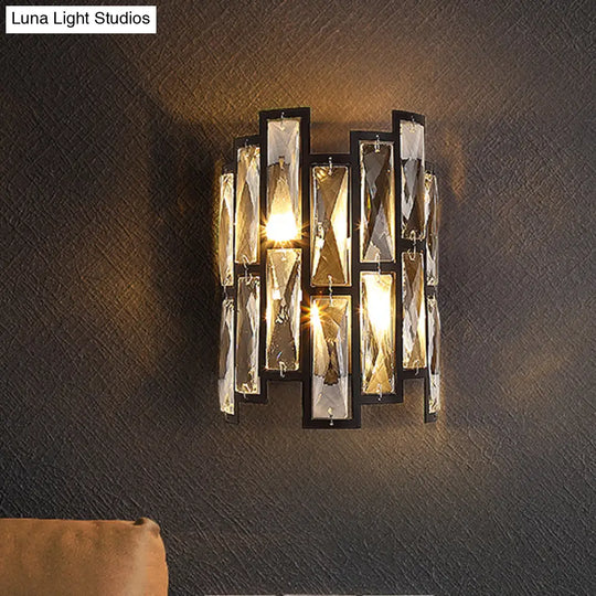 Contemporary Black Half Cylinder Wall Lamp With Clear Crystal Blocks - 2 Lights Mount