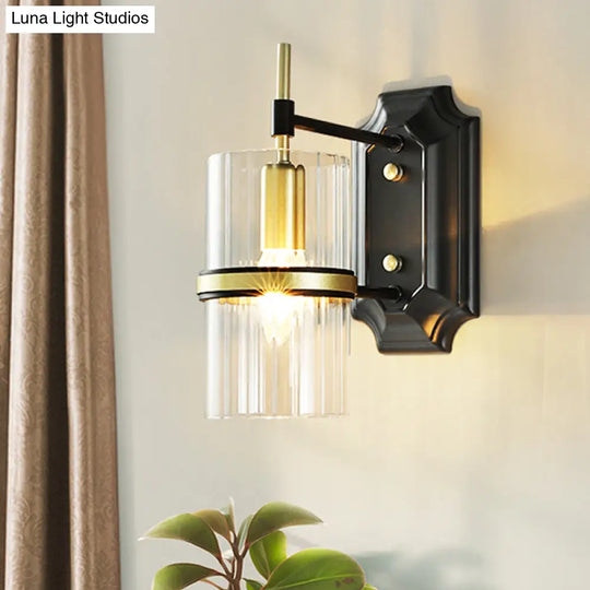 Contemporary Black Iron Wall Lamp With Clear Glass Shade - 1 Bulb Circular Sconce Lighting