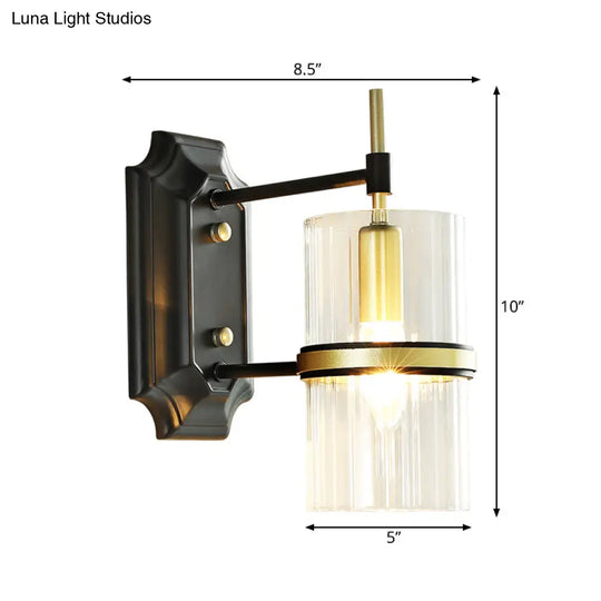 Contemporary Black Iron Wall Lamp With Clear Glass Shade - 1 Bulb Circular Sconce Lighting