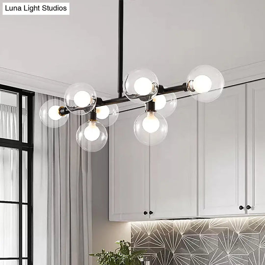 Contemporary Black Kitchen Island Lamp: Sleek 8-Head Hanging Light Kit With Clear Glass Shade