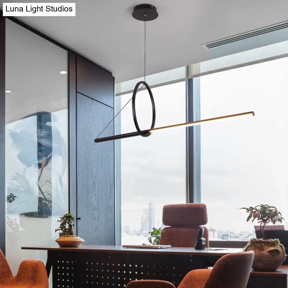 Contemporary Black Led Ceiling Light With Metal Ring And Linear Island Design For Dining Room