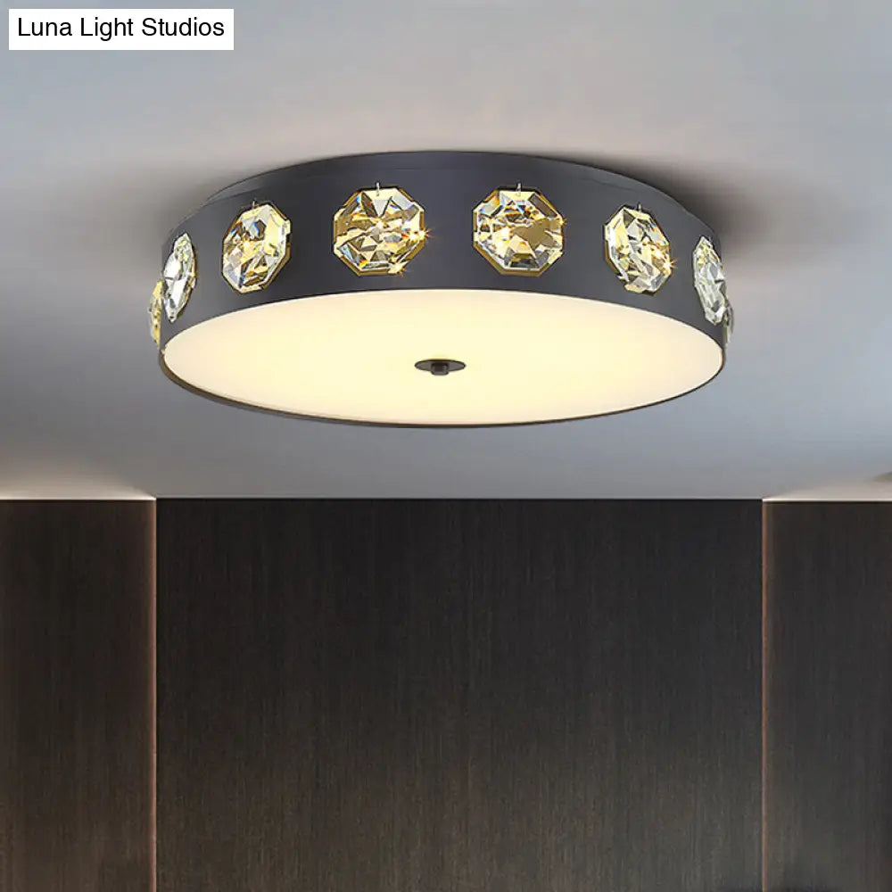 Contemporary Black Led Flush Mount Ceiling Light Fixture With Crystal Drum Insert
