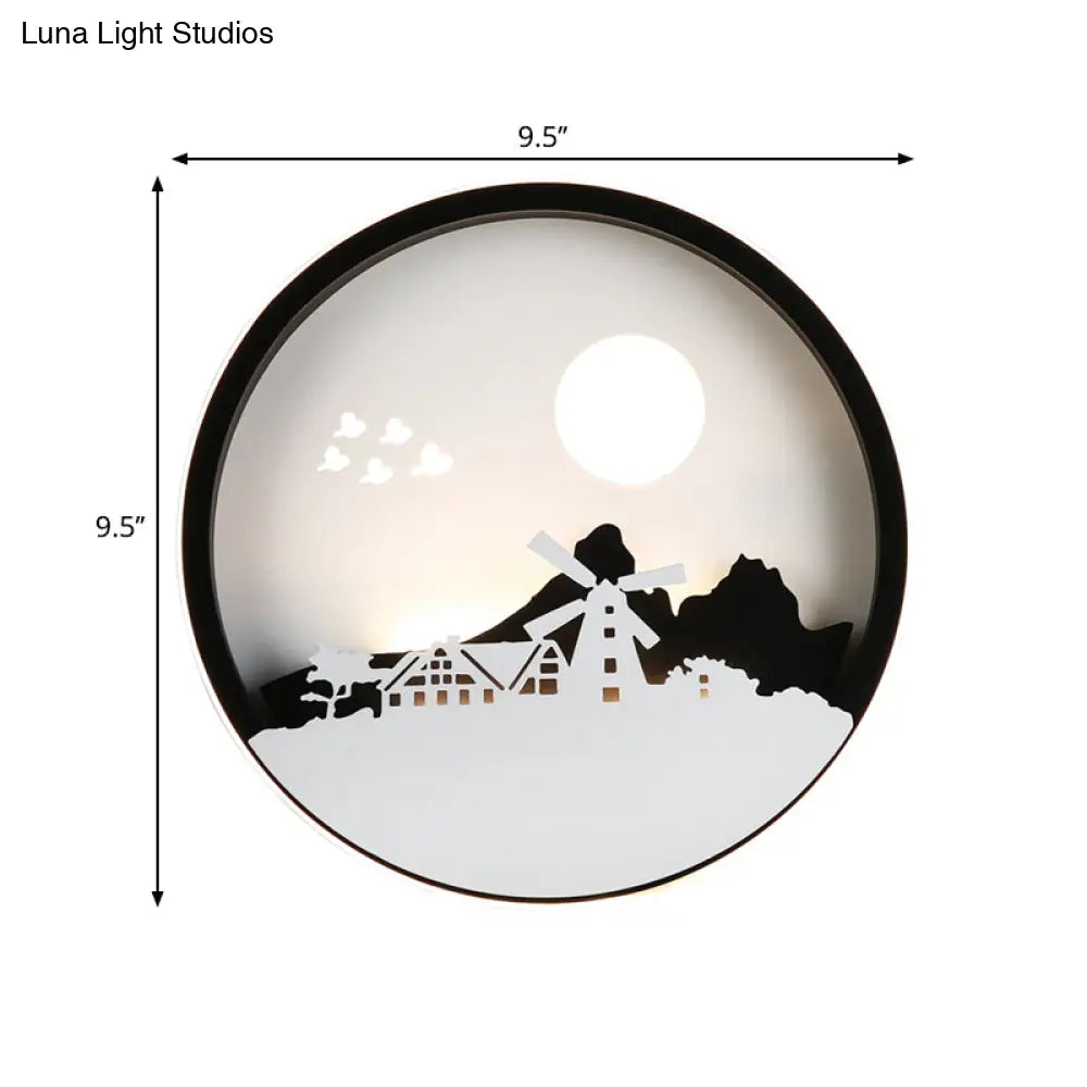 Contemporary Black Led Wall Mounted Lamp For Guest Room - Round House Metallic Mural Light