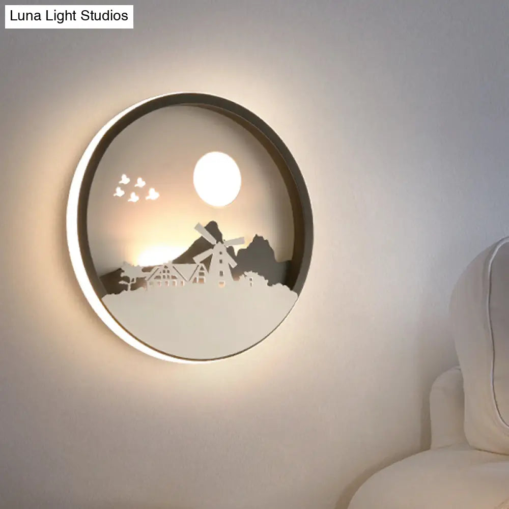 Contemporary Black Led Wall Mounted Lamp For Guest Room - Round House Metallic Mural Light