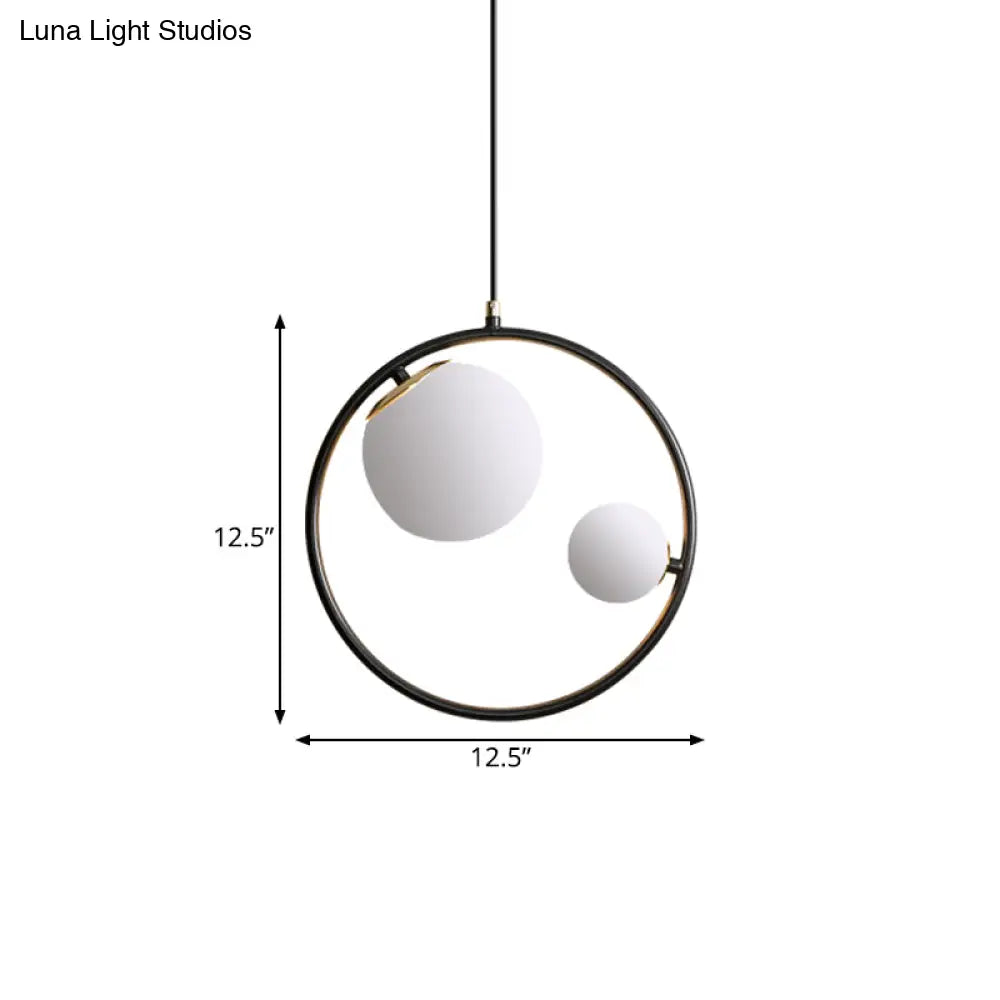 Contemporary Black Loop Pendant Chandelier With Opaline Glass Lamp Shade - 2 Lights