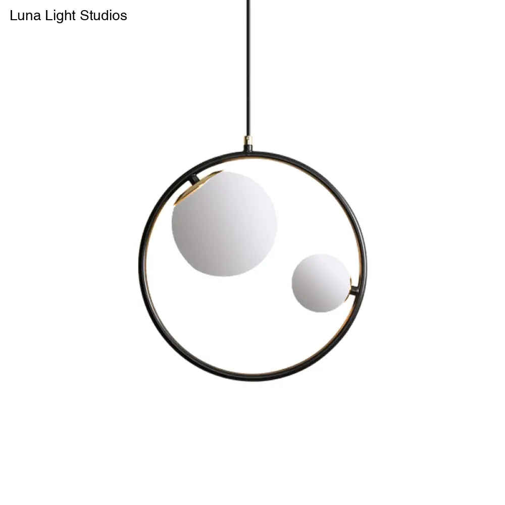 Contemporary Black Loop Pendant Chandelier With Opaline Glass Lamp Shade - 2 Lights