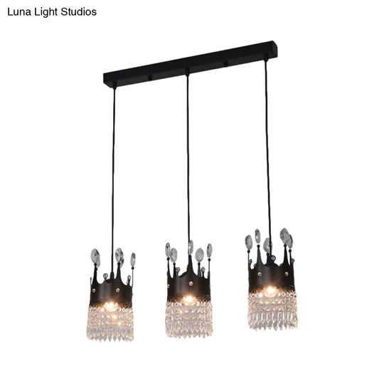 Contemporary Black Metal 3-Head Suspension Light With Crystal Draping For Dining Room