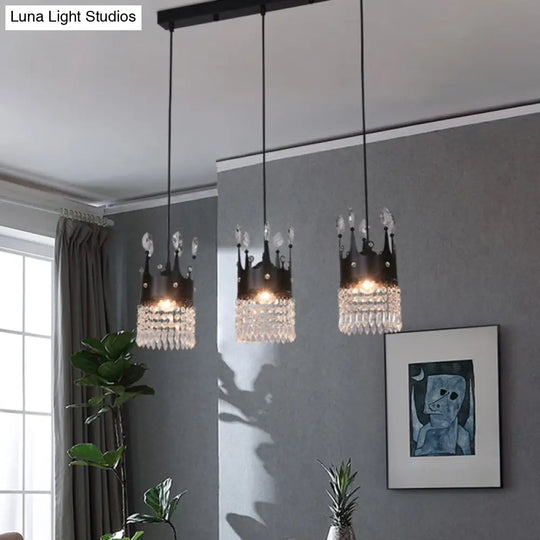 Contemporary Black Metal 3-Head Suspension Light With Crystal Draping For Dining Room