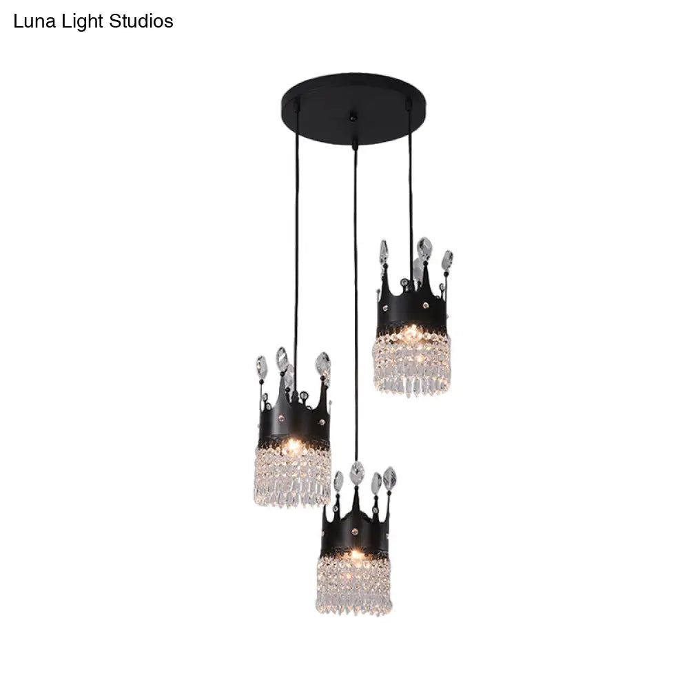 Contemporary Black Metal 3-Head Suspension Light With Crystal Draping For Dining Room